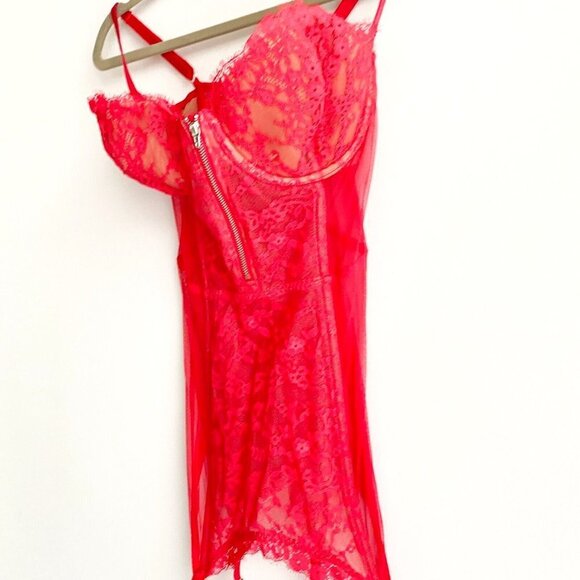 Victorias Secret Red Lace Mesh Garter Bustier Slip 36D - Picture 5 of 6
